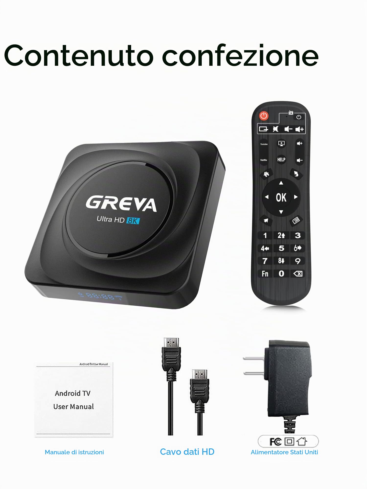 GREVA Android TV Box 11.0, 8K TV Box RK3566 CPU 4GB RAM 32GB ROM Supporto 100/1000M LAN Enternet 2.4G/5.8G WiFi BT 5.0 USB 2.0/3.0 Smart TV Box