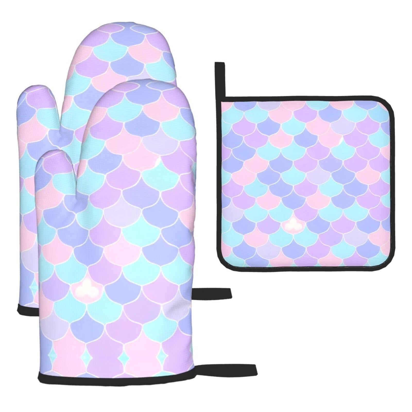 Mermaid tattoo Oven mittens and oven mitts three-piece set suitable for oven, grilling, baking, microwave and home cooking.
