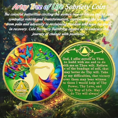 artsy 3 month sobriety coin - colorful butterfly 90 day aa sobriety chip - tree of life recovery addiction na aa chips and medallions - 1-20 years clean alcoholics anonymous gifts for women men