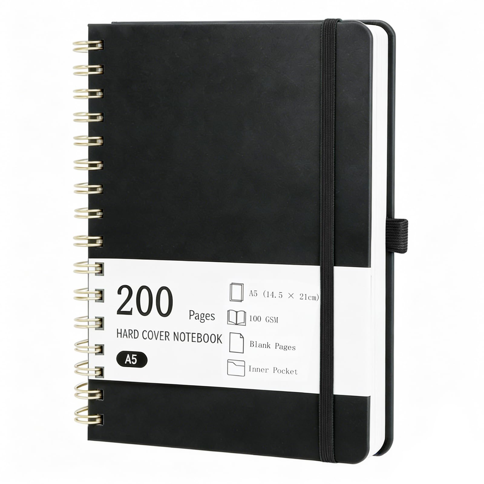 RITOLLO A5 Spiralnotizbuch, 200 Seiten, PU-Leder Hardcover, 5 mm Punktraster, Dot Grid Notizbuch für Bullet Journal, Arbeit & Studium (Schwarz)
