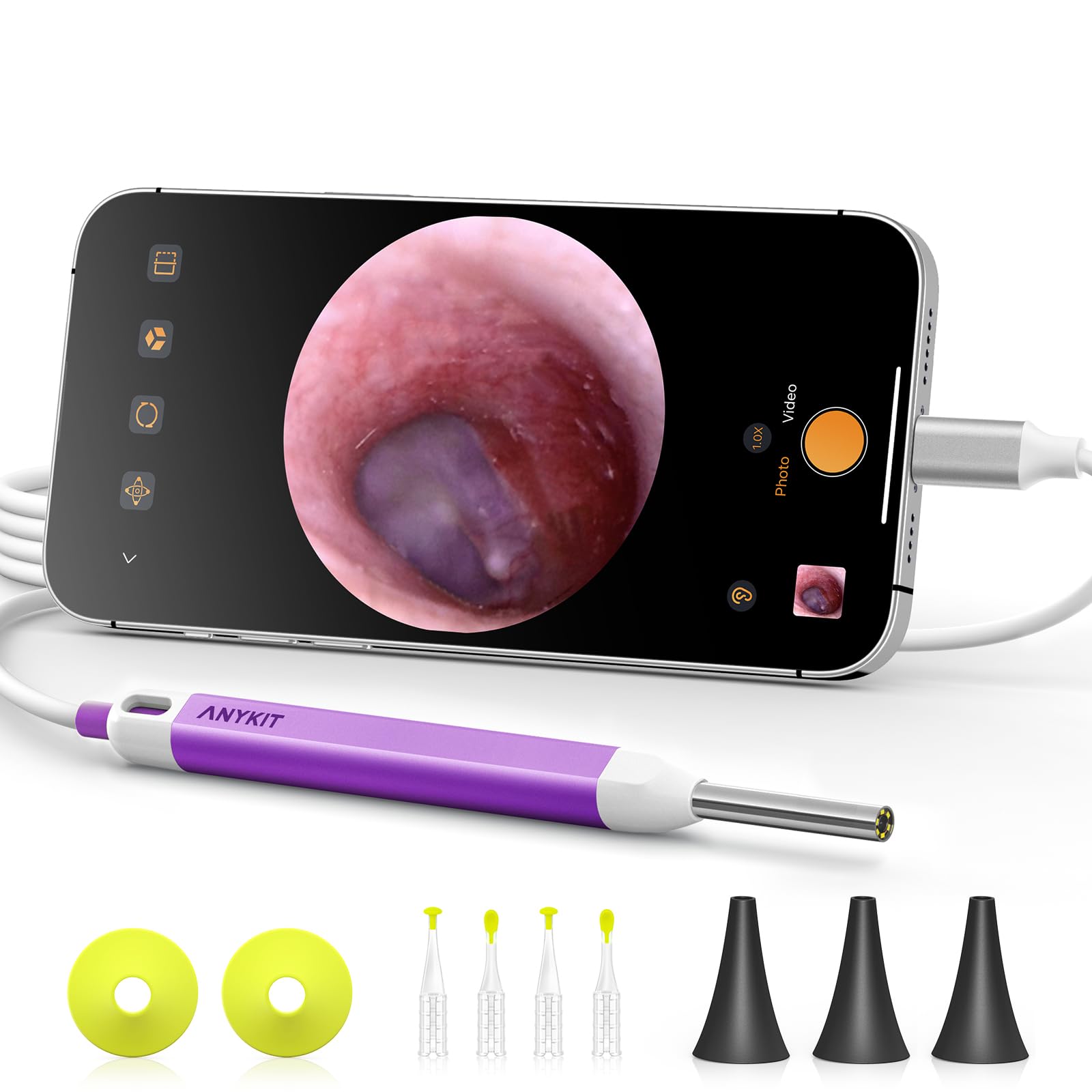 Anykit Digital Otoscope with Gyroscope, HD Ultra Clear View Ear Camera with Ear Wax Removal Tools, Video Ear Scope Otoscope with Light, Compatible with Android, iPhone 15 (Purple)
