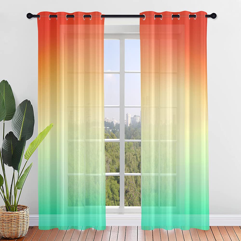 Hiseng Voile Curtains for Bedroom 2 Panels, Sheer Curtains Eyelets Net Translucent Window Screen Gradient Color Tulle Door Drapes for Living Room Home Balcony Decorative (132x160cm,Orange Yellow)