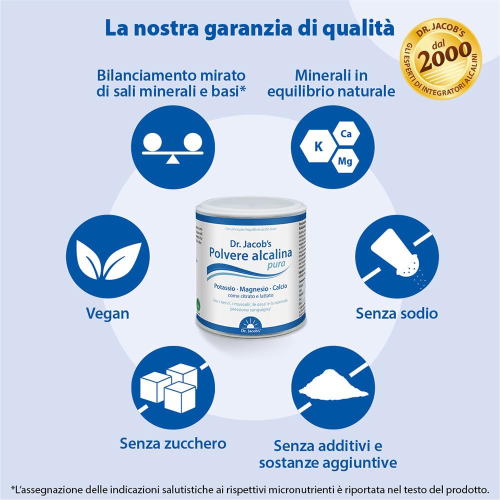 Polvere Alcalina Pura del Dr. Jacob, Barattolo da 200 g I Potassio, Magnesio, Calcio, Zinco come Citrato e Lattato I Equilibrio Minerale e Alcalino Mirato* I 36 Porzioni