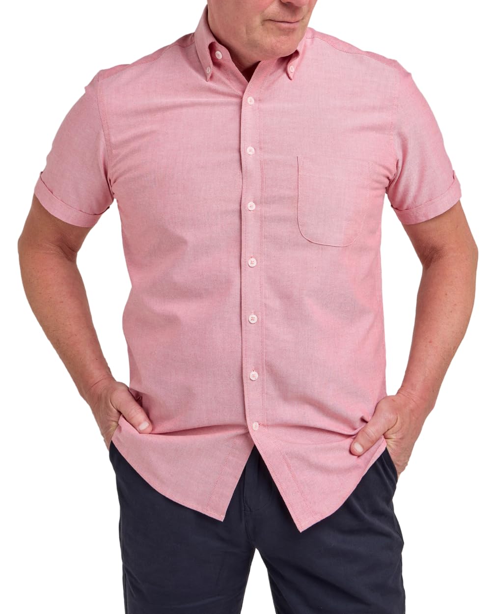 Double Two Men's Coral Washed Oxford Shirt Short Sleeve Button Collar Smart Casual Cotton Shirt | M