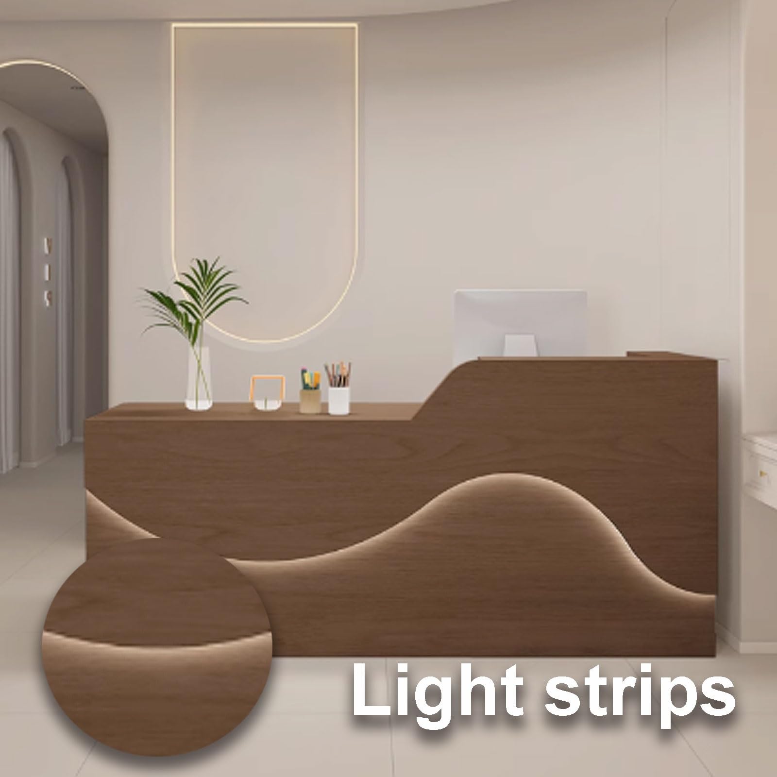 Moderner Empfangstisch, 120 cm, hellbraunes Holz, stilvolle Empfangstheke für Büro & Klinik, entspannende Beleuchtung, elegantes Design für professionelle Räume