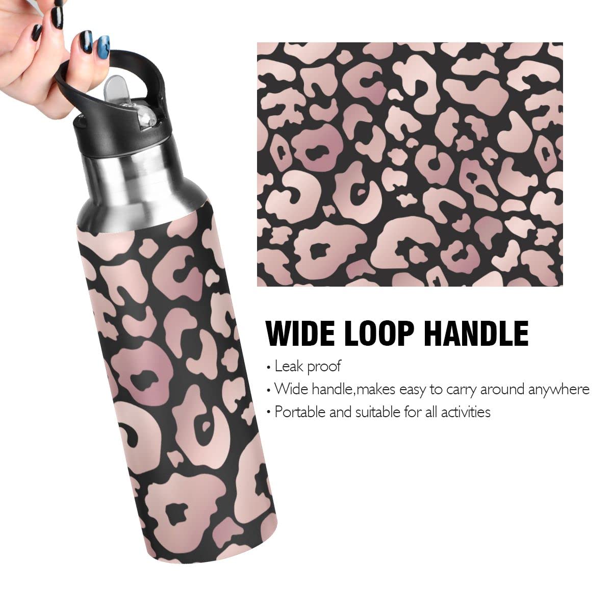 Edelstahl Wasserflasche mit Strohhalm, Schwarz Rose Gold Leopard Isolierte Trinkflasche Sport Wasserflasche für Kinder Erwachsene, Auslaufsicher, 1L