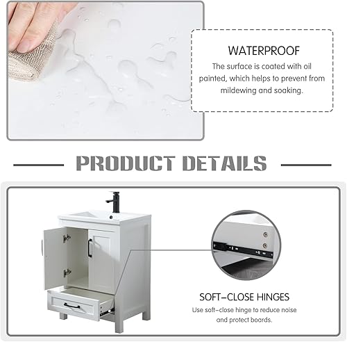 Miniatura 5 de LUCKWIND Mueble de baño de 24 pulgadas con fregadero, moderno armario de almacenamiento de baño pintado con parte superior de fregadero de cerámica