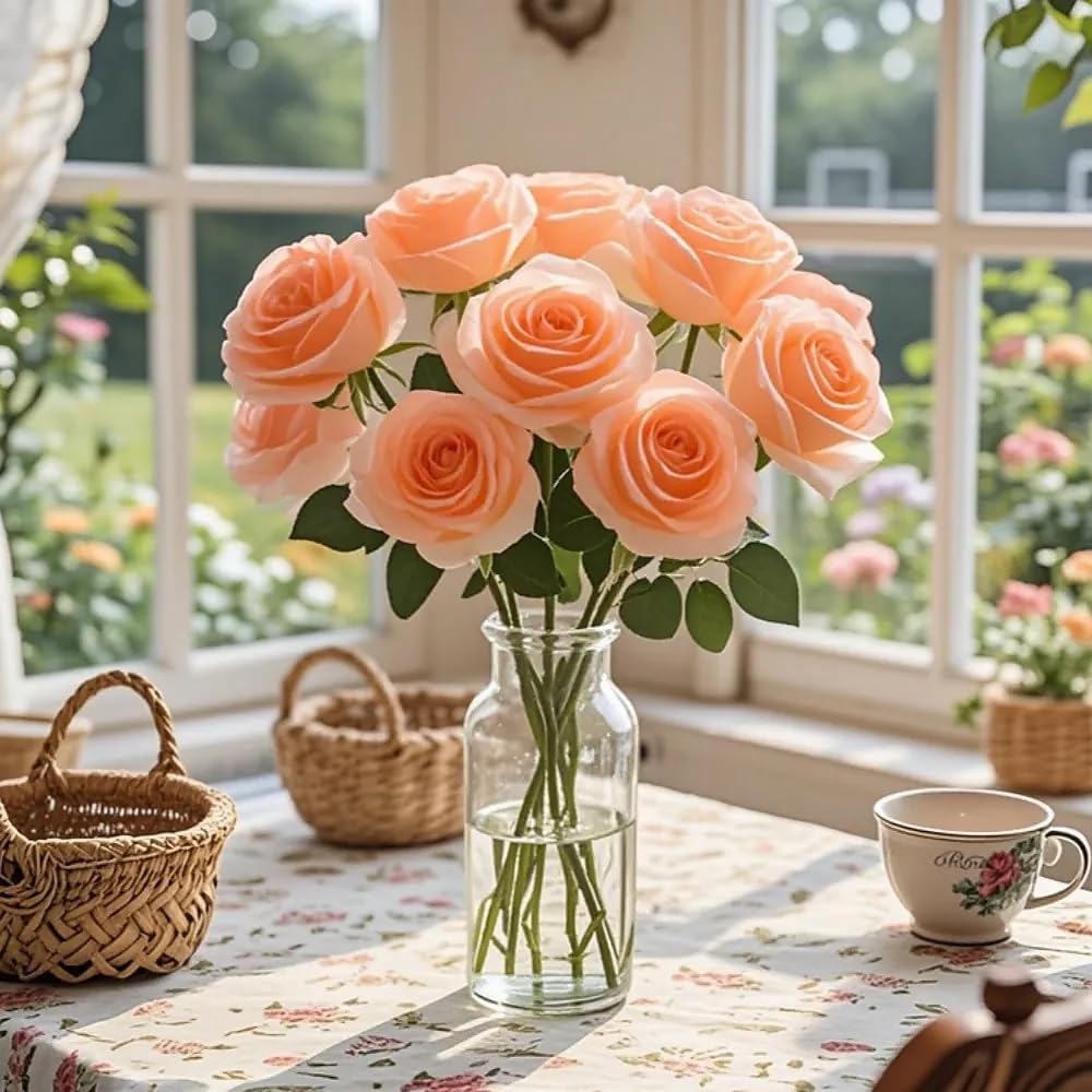 10 Pcs Artificial Roses, Champagne Fake Roses Artificial Flowers, with Stems Fake Artificials Champagne Rose Silk Flowers - Image 4
