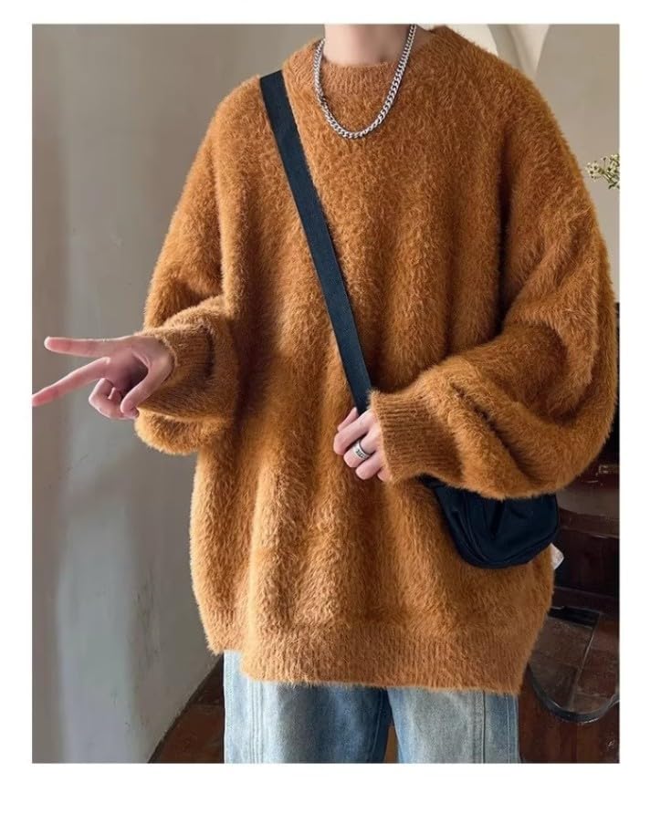 Men's Solid Fluffy Knitted Sweaters Vintage Loose Warm Unisex Crewneck Knitted Tops Pullovers2