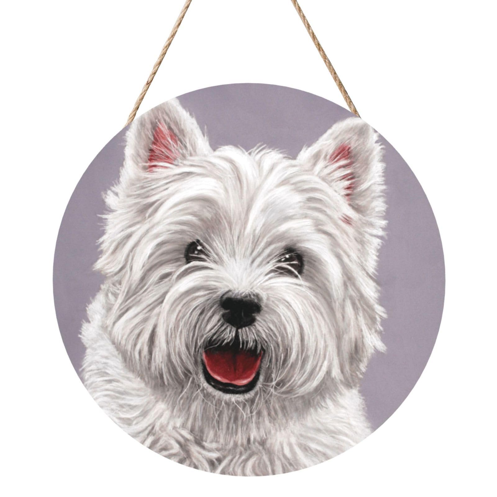InOmak Cute West Highland Terrier Dog Art Printed, Round Wood Panel Painting 12 in, Wall Hanging Painting For Home