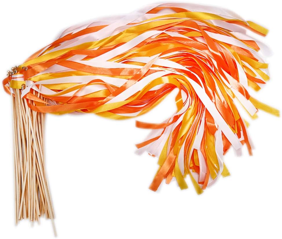 40 Pack Ribbon Stick Wands - MeiMeiDa Orange Ribbon Fairy Wands with Bell and Smooth Wood Sticks, Chromatic Silk Waving Party Streamers for Wedding Best Wishes, Kids Birthday Props, Dance Party Favors