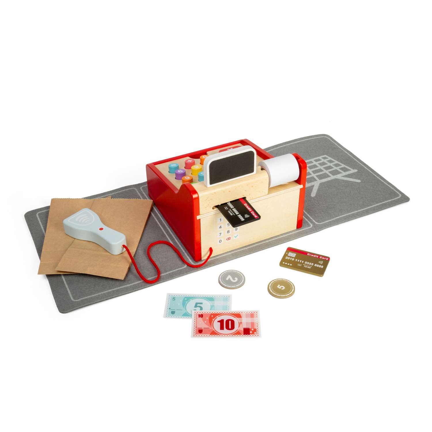 Bigjigs Toys Kupuj do | Drewniana kasa na zakupy dla dzieci | Udawaj kasę do zabawy ze skanerem, pieniędzmi i kartą, akcesoria do supermarketu do odgrywania ról, zabawka edukacyjna dla dzieci w wieku