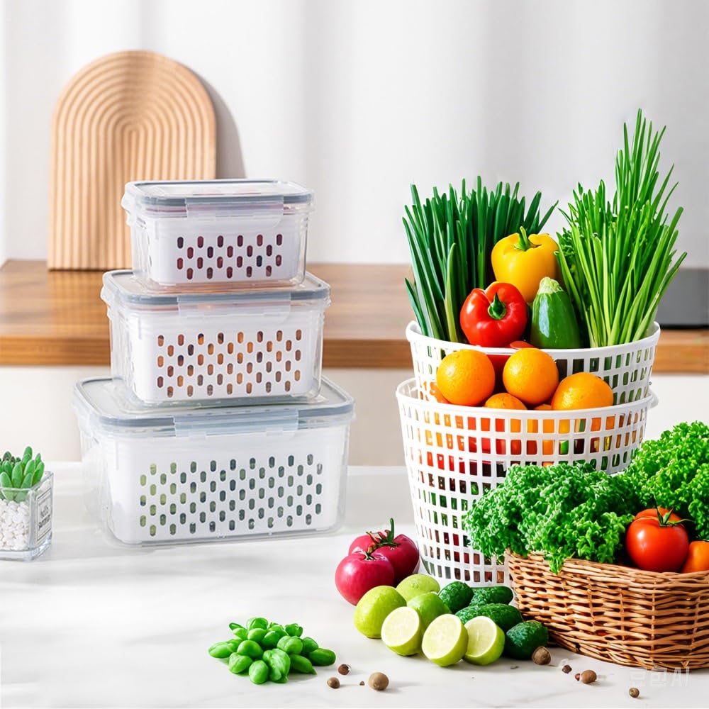 Set di Contenitori per Frigorifero Frutta e Verdura 5 Pezzi Contenitore per Alimenti Freschi con Cesti di Scarico Contenitori Plastica per Alimenti da Frigo per Verdura Frutta Insalata