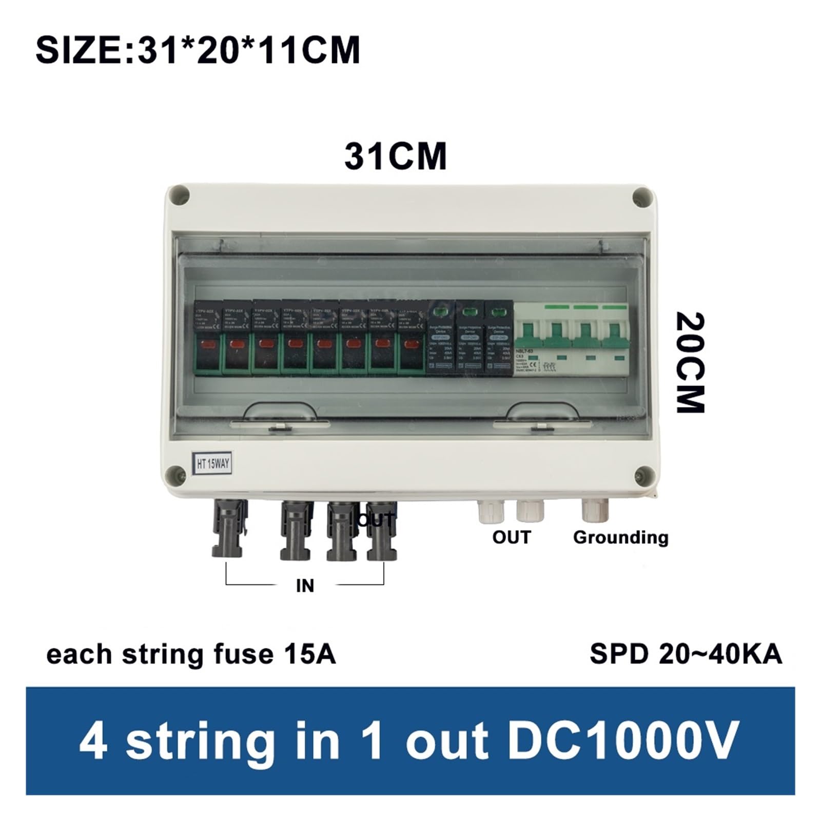 RWRAPS Scatola combinatrice DC Esterna Impermeabile 4 Corde 4 ingressi 1 Uscita 1000 V IP65 15 Vie fotovoltaica Protezione Contro Le sovratensioni solari
