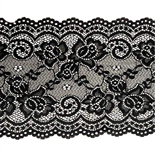 Ruban en dentelle florale extensible pour loisirs créatifs, couture, vêtements, accessoires, décoration de fête - 4,6 m x 15 cm - Noir