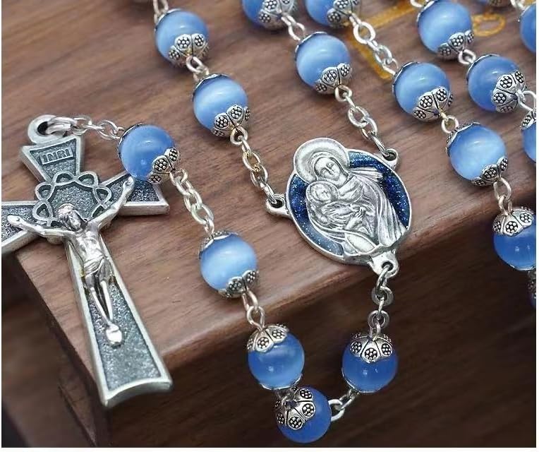 Rosary Beads Catholic for Woman - Italy 8-9mm AAA+ Natural Blue Cat Eyes Gemstone Rosary Beads. - Image 3