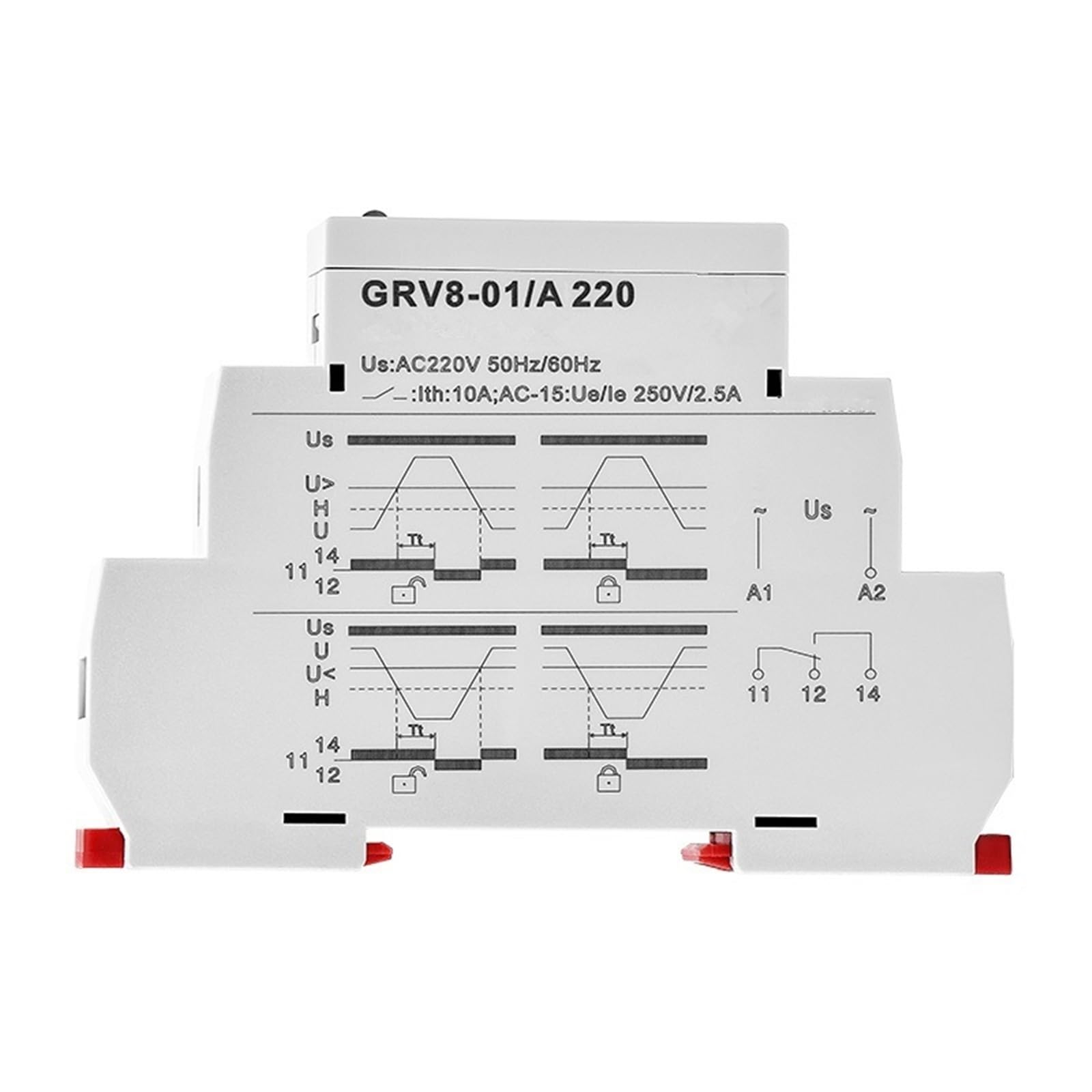 10 szt. GRV8-01/02 jednofazowy przekaźnik zabezpieczający przed nadmiernym napięciem i niskim napięciem AC220V DC12V DC48V (Grv8-02, ACDC24-48V)