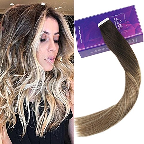LaaVoo Tape in Hair Extensions, Remy Tape in Hair Extensions Human Hair Balayage Dark Brown to Medium Brown and Blonde Glue in Skin Weft Extensions Ombre Brown Hair Extensions Tape in 20pcs/50g/20"