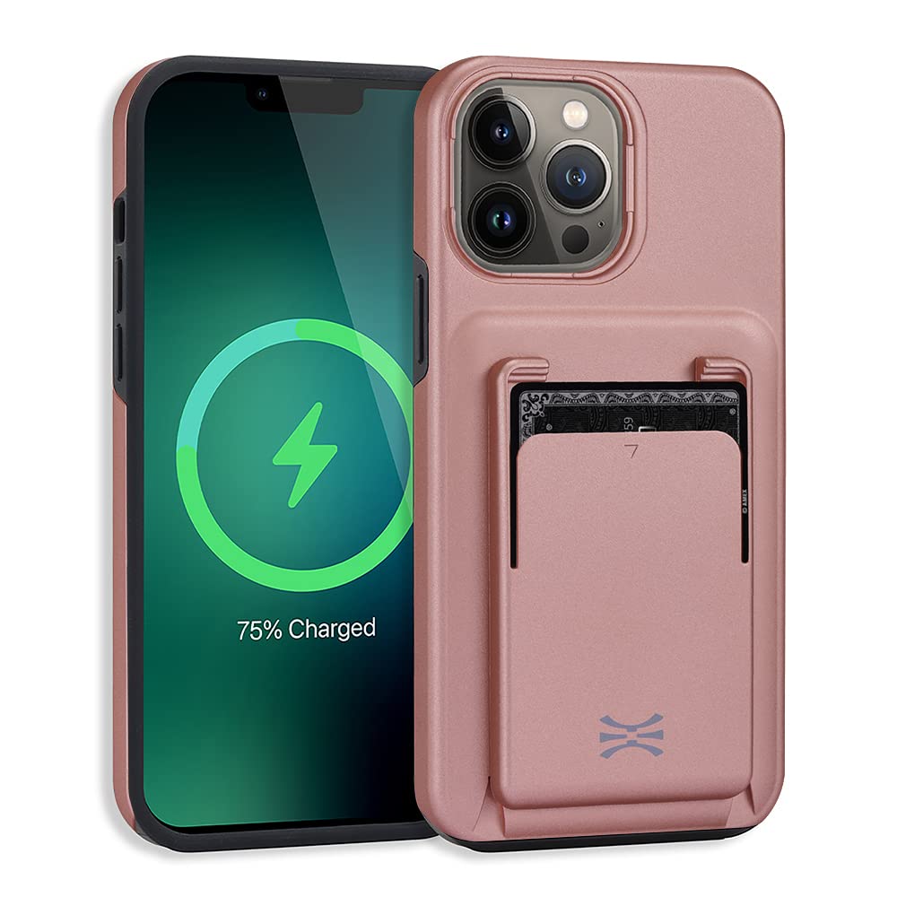 TORU MX PRO for iPhone 13 Pro Max Slim Hard Wallet Case | Dual Layer Protective Shockproof Cover with Built-in Magnets for MagSafe Compatible | Detachable Sliding Card Holder for 3 Cards - Rose Gold
