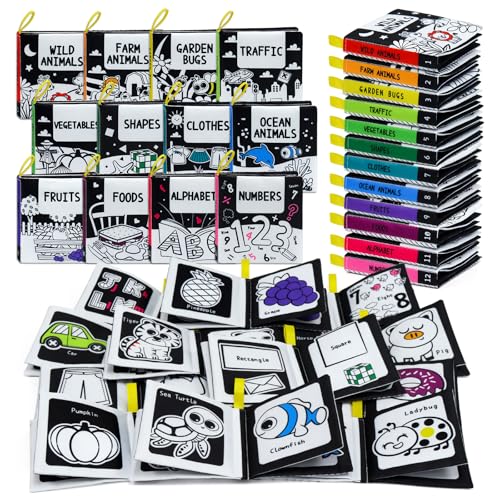 OKOOKO 12PCS Soft Baby Books Black and White High Contrast Soft Cloth Bath Books Crinkle Washable Non-Toxic Early Education Preschool Learning Toy for Newborns Babies Infants Toddlers Kids