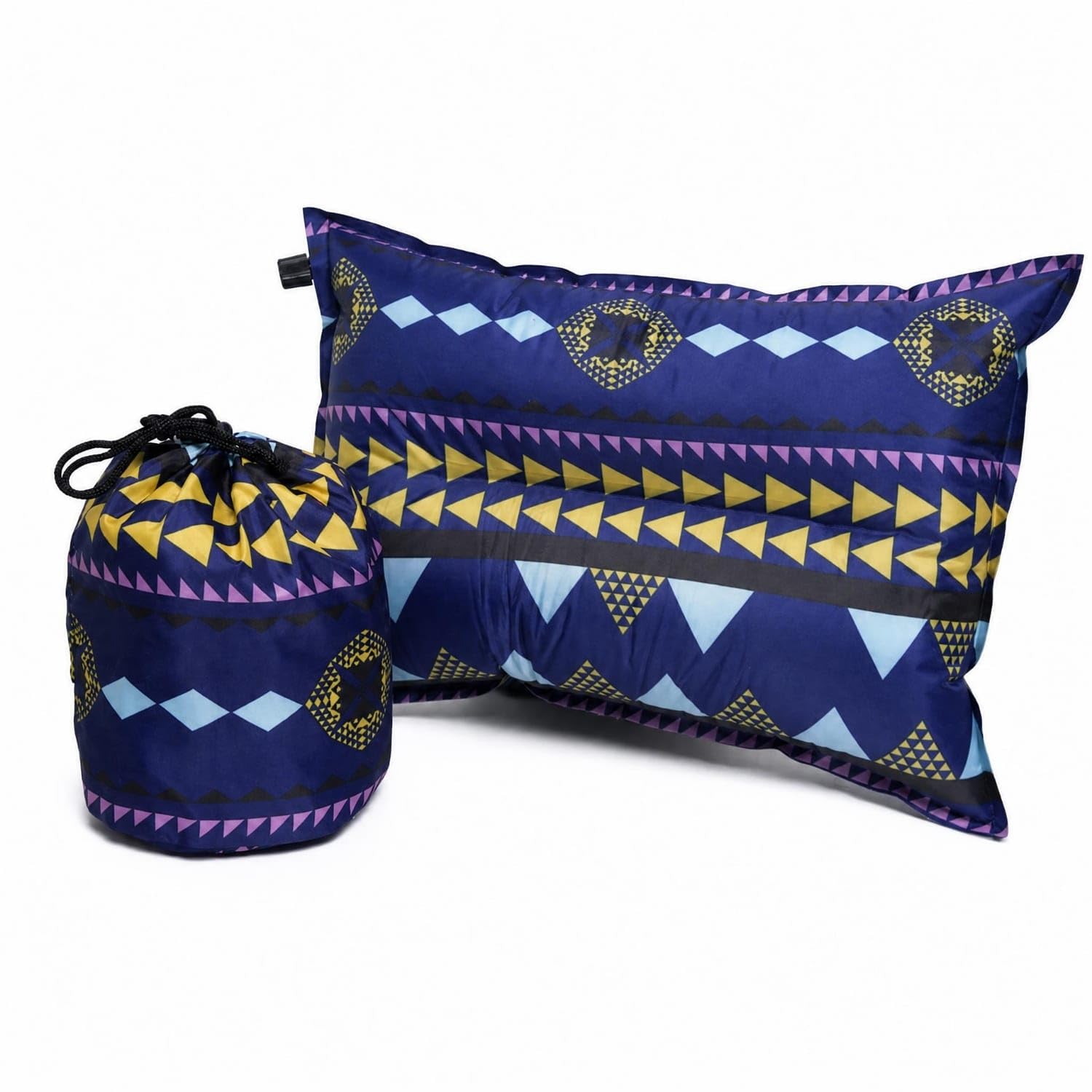 Built-in Valve Self-Inflating Pillow Soft Textile Camping Pillow Drawstring Bag Travel Cushion Compact for Outdoor, Tent, Navy Blue Stripes-image-1