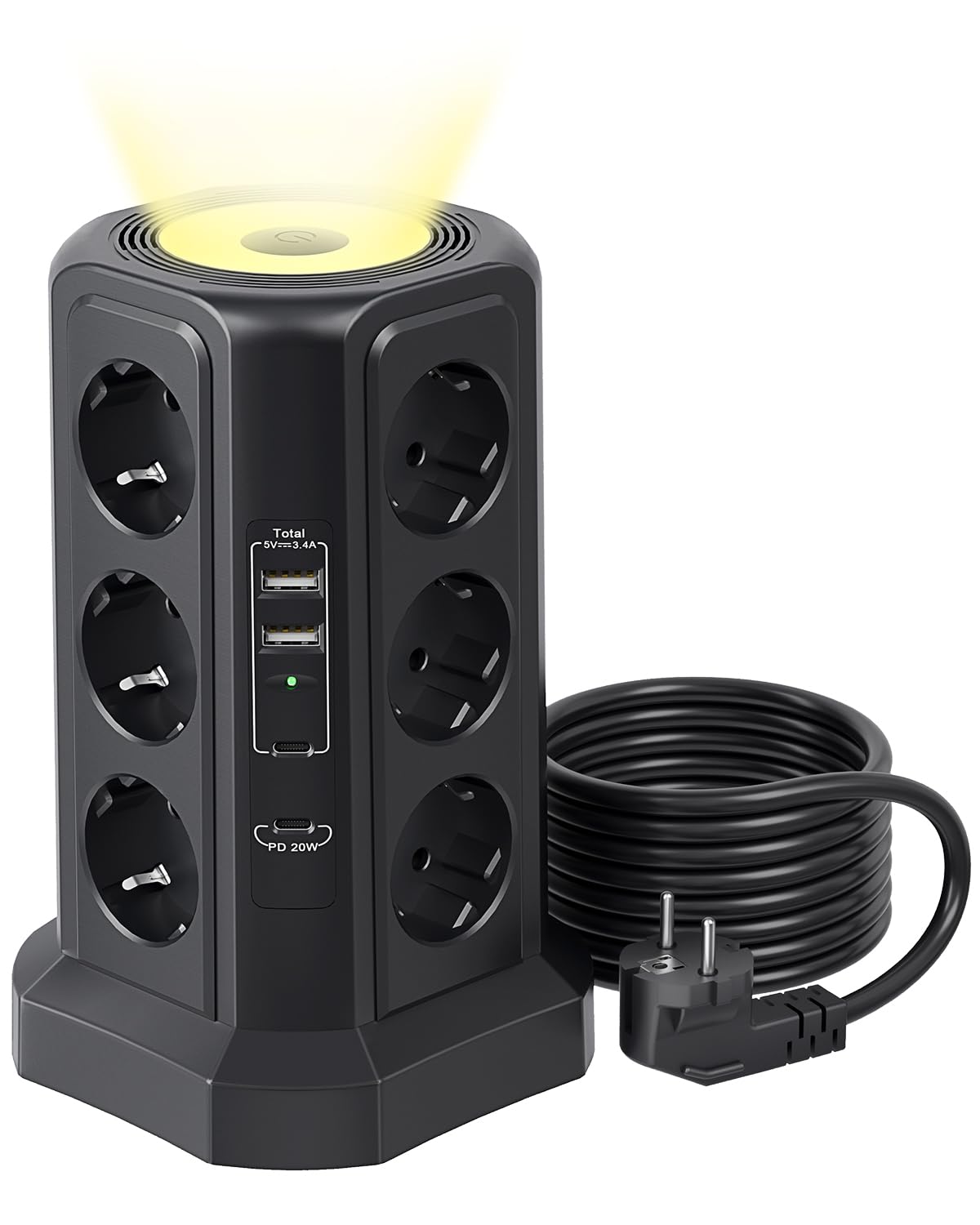 10-fach Steckdosenleiste Mit USB - PD 20W, Überspannungsschutz, 2m Kabel (2000W/16A)