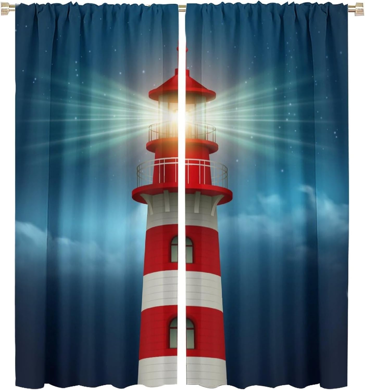 Lighthouse Curtain Red and White Bright Lighthouse Blackout Print Rod Pocket Window Drapes for Bedroom Living Room 42x45in