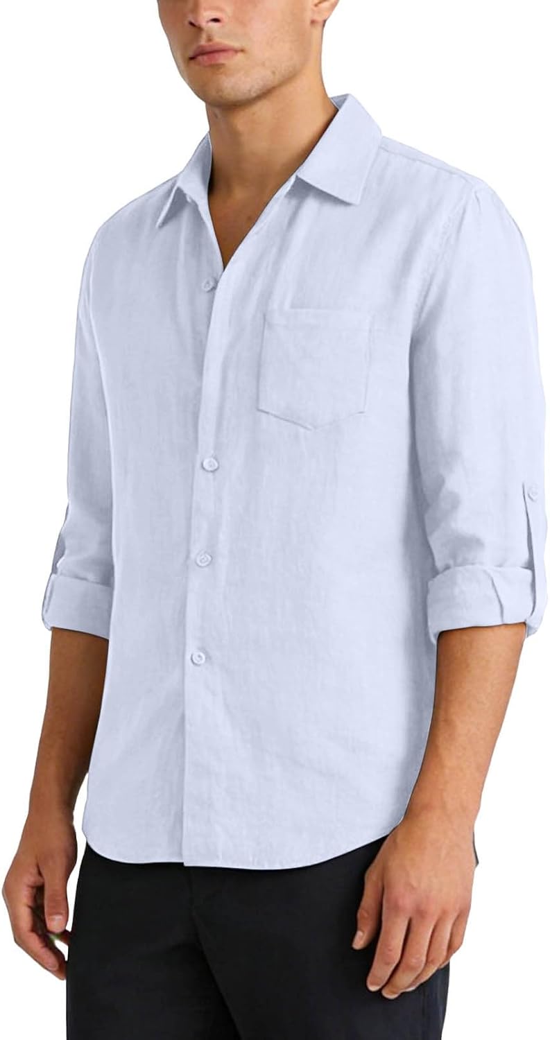 Men Button Down Shirt Drawstring Shorts Set 2 Piece Beach Outfit | Summer Linen Shorts Set, Men's Loose Lightweight Two Piece Outfits Short Sleeve Tracksuits for Vacation