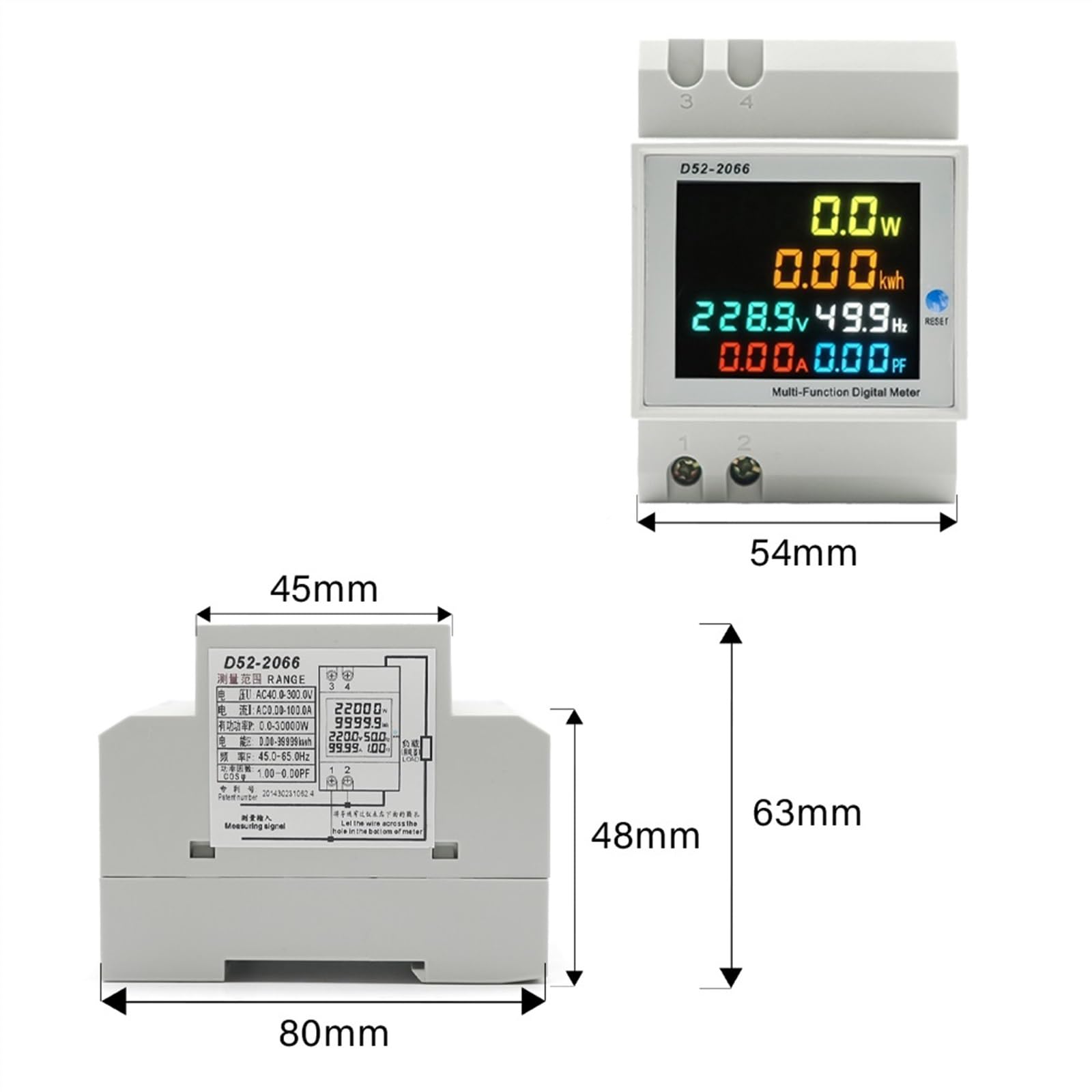 Woltomierz cyfrowy na szynie DIN Moc prądu watomierz Energia elektryczna Miernik kWh Częstotliwość Volt Amp Monitor AC 220 V 110 V 380 V 100 A (wbudowany CT, AC 250-450V)