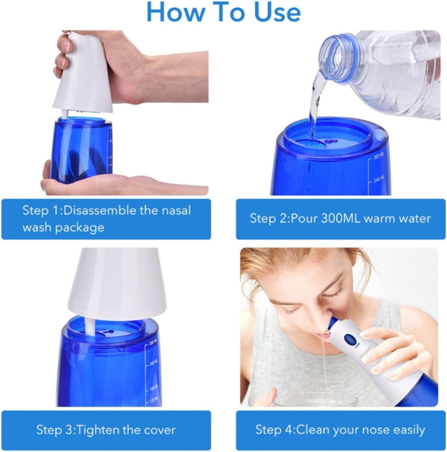 Elektryczny irygator do nosa, przenośna maszyna do czyszczenia nosa, 300 ml oczyszczacz do nosa, z dwoma końcówkami, dla dorosłych