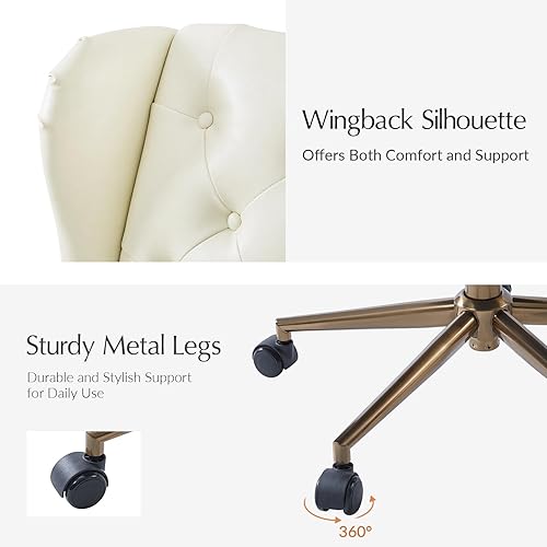 Miniatura 6 de HULALA HOME Silla de escritorio moderna de piel sintética con respaldo de botón copetudo, silla giratoria ajustable para computadora con ribete de