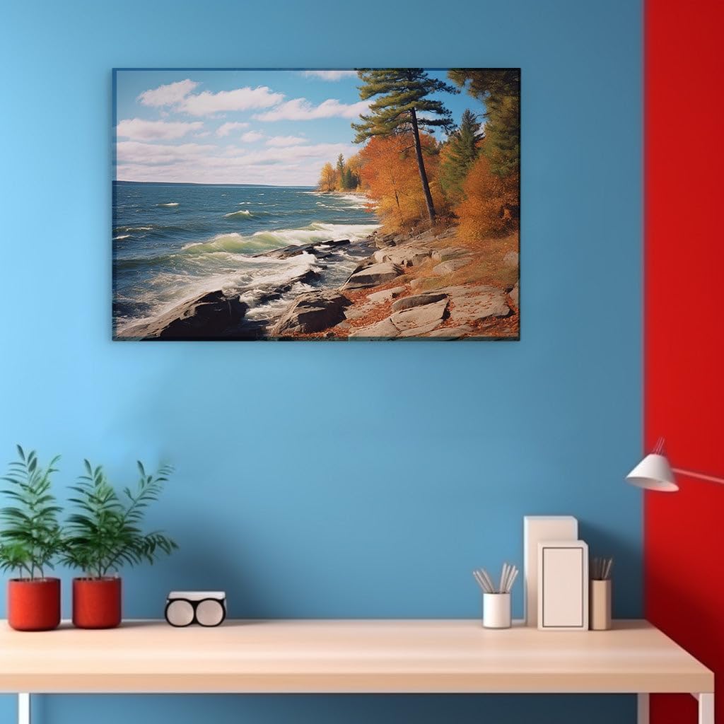 Canvas for Living room. Autumn Serenade: An Idyllic Rocky Coastline Embrace by the Deep Blue Sea, 27 x 18 inch Canvas Wall Art - Contemporary Masterpieces - Modern Home Decor