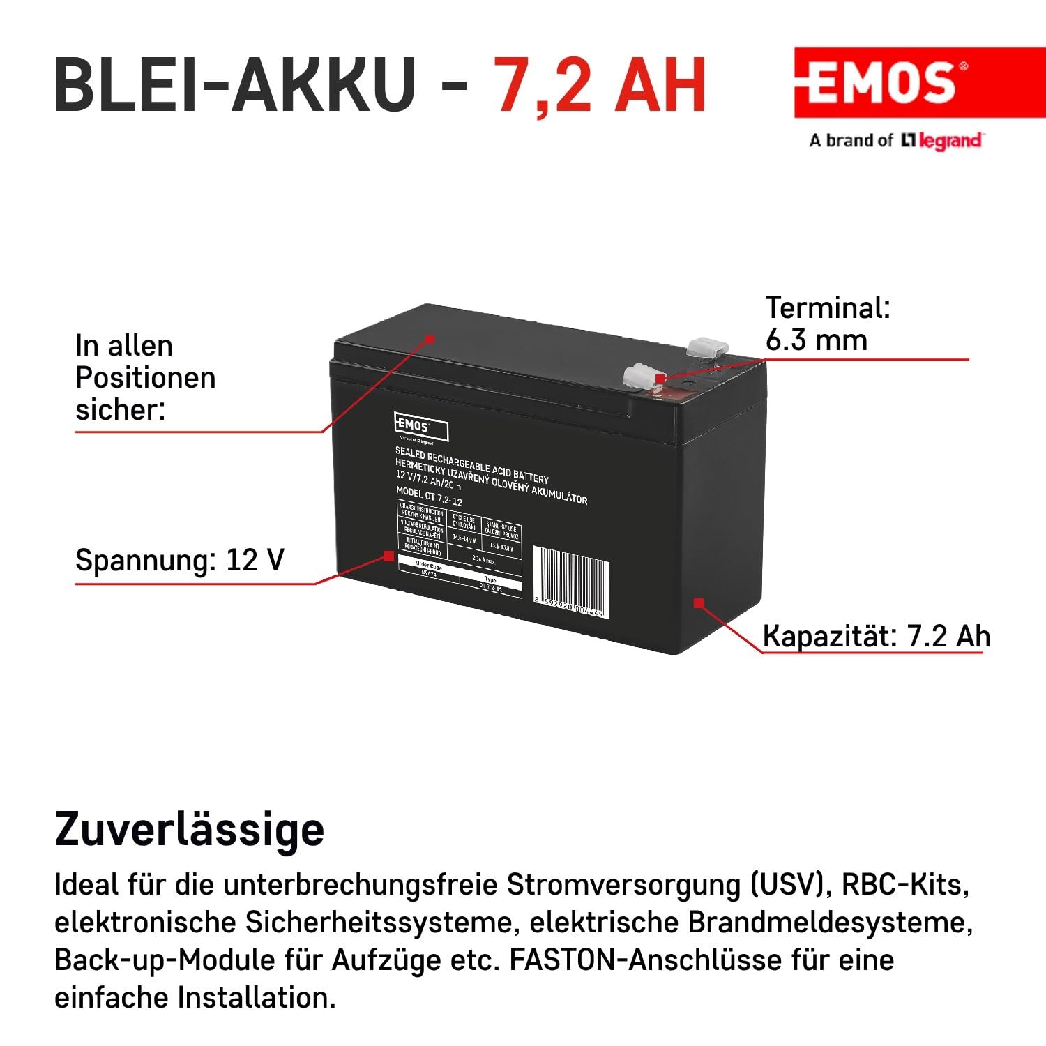 EMOS Batteria al piombo senza manutenzione 12V 7,2Ah AGM Faston 6,3mm UPS allarme 151x65x94mm