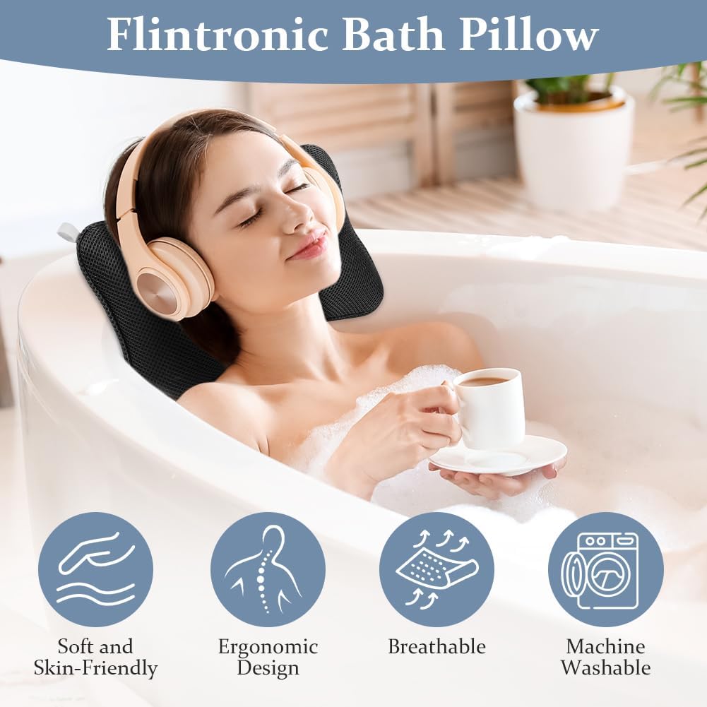 Flintronic Almohada de Baño, Almohada Bañera con 2 Ventosas Antideslizantes y Bolsas de Lavandería, Reposacabezas Ergonómico, Puede Soportar Cabeza Cuello Espalda, para SPA en Casa en Hotel Negro