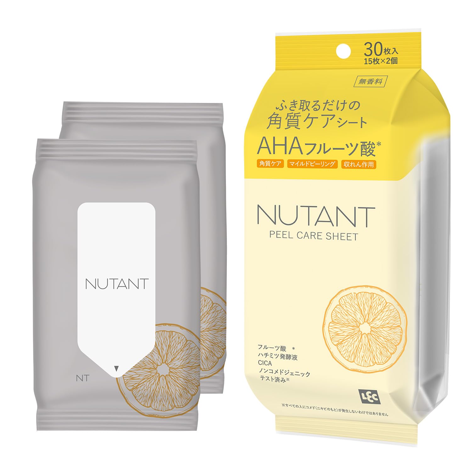 レック(LEC) NUTANT ふき取るだけの 角質ケアシート AHAフルーツ酸 (15枚入×2個) マイルドピーリング/収れん作用/毛穴汚れ/天然コットン配合厚手シート/ハチミツ発酵液/CICA/ノンコメド/全身に使える/無添加/日本製 洗顔クロス
