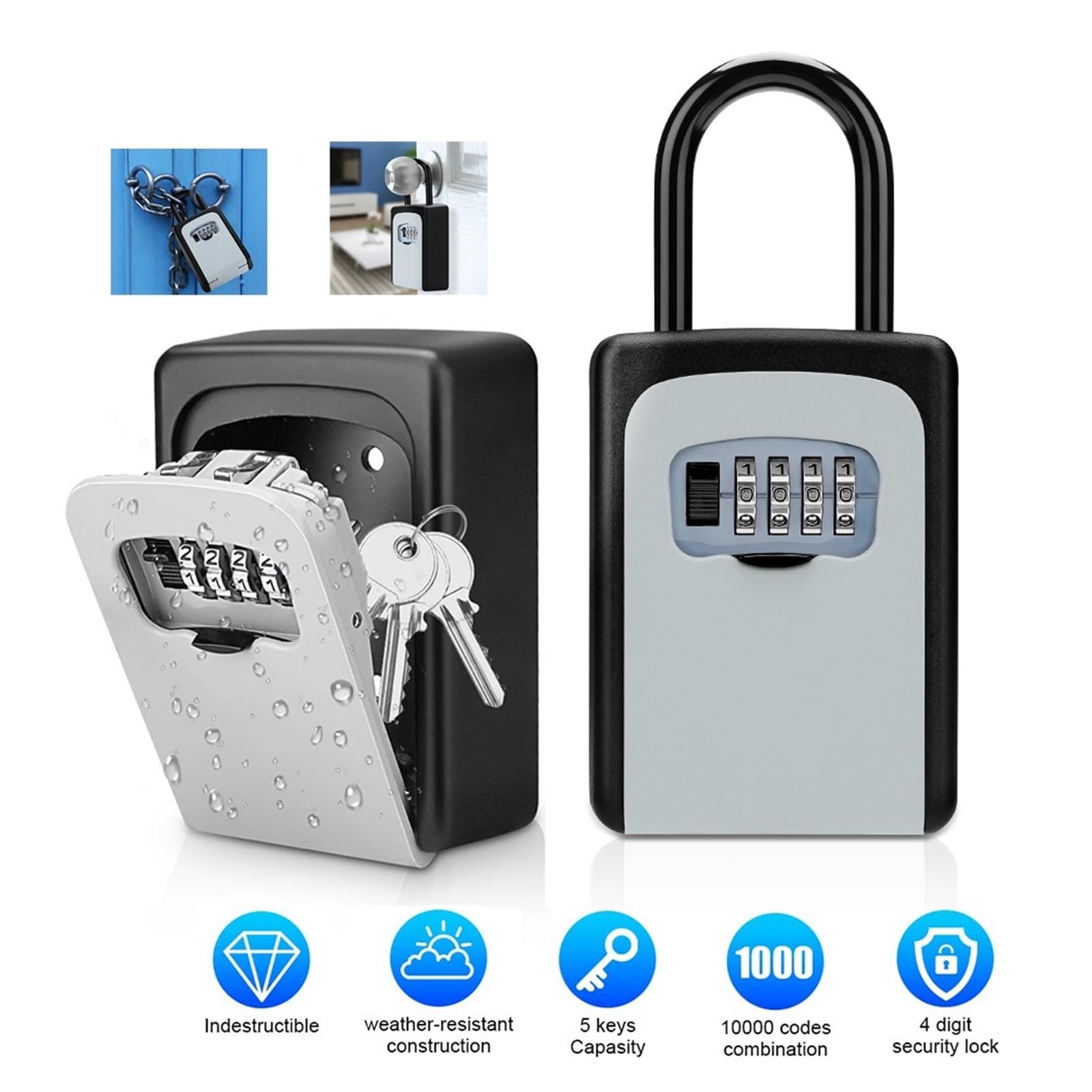 Caja de llaves W resistente a la intemperie de 4 dígitos con cerradura segura para uso en interiores y exteriores, caja fuerte para el hogar, la oficina y el jardín