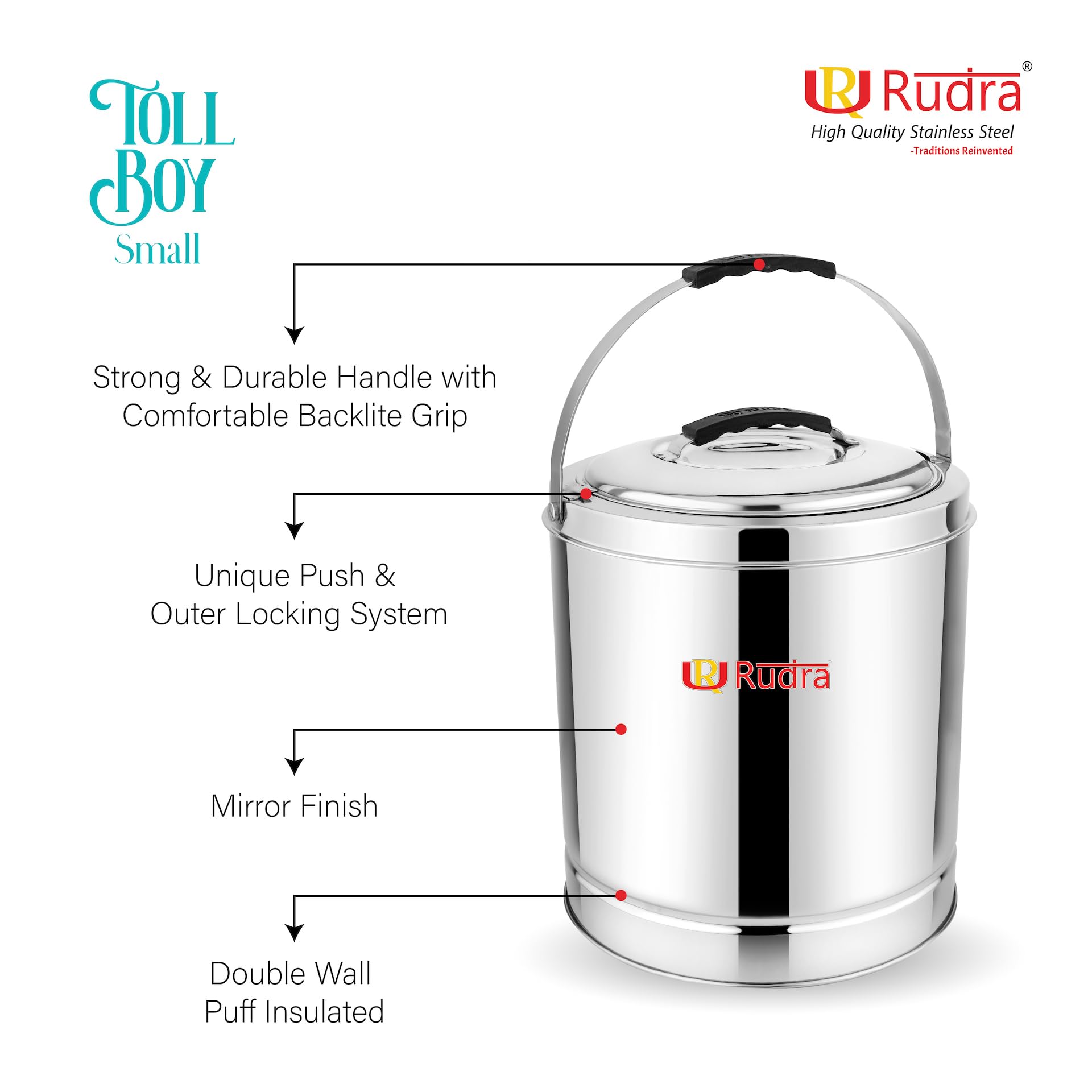 Rudra Stainless Steel Tall Boy Small | Stainless Steel Traditional, Hot Pot Puff Insulated Hot & Cold | Container Casserole with Side Handles | Silver (3.5L) 3