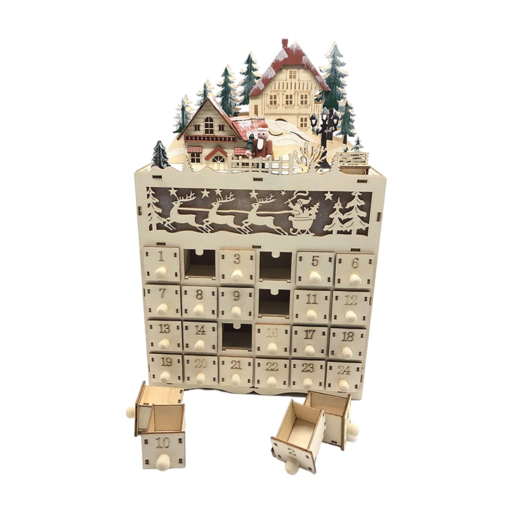Calendrier de l'Avent - Tiroirs à remplir - Calendrier de l'Avent Bois, Calendrier de l'Avent à Remplir, Livre à Poser - Décoration de Noël en Bois avec LED 35.5x22.5x10cm