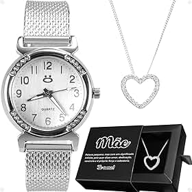 Kit Presente para Mãe: Relógio Feminino Prata Analógico + Colar em Aço Inox com Coração + Caixa Especial – Pulseira Silicone
