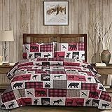 ARL HOME Rustic Bedding Plaid Quilt Set King Size Lodge Country Bedding Red Black Plaid Bedspread Moose Bear Bedding Patchwork Quilt Lodge Reversible Plaid Coverlet Set Lightweight Rustic Bedspread