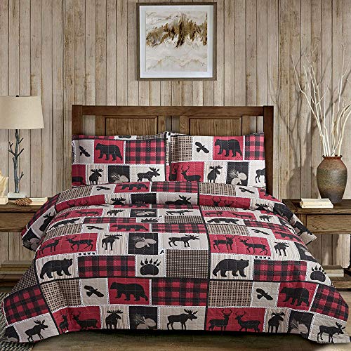 ARL HOME King Size Quilt Set Bedding Rustic Quilts King Bedspread Coverlet Plaid Patchwork Quilt Cabin Rustic Bedspread Country Lodge Bear Quilt Bedding Lightweight Quilt Bedspread Reversible Bedding
