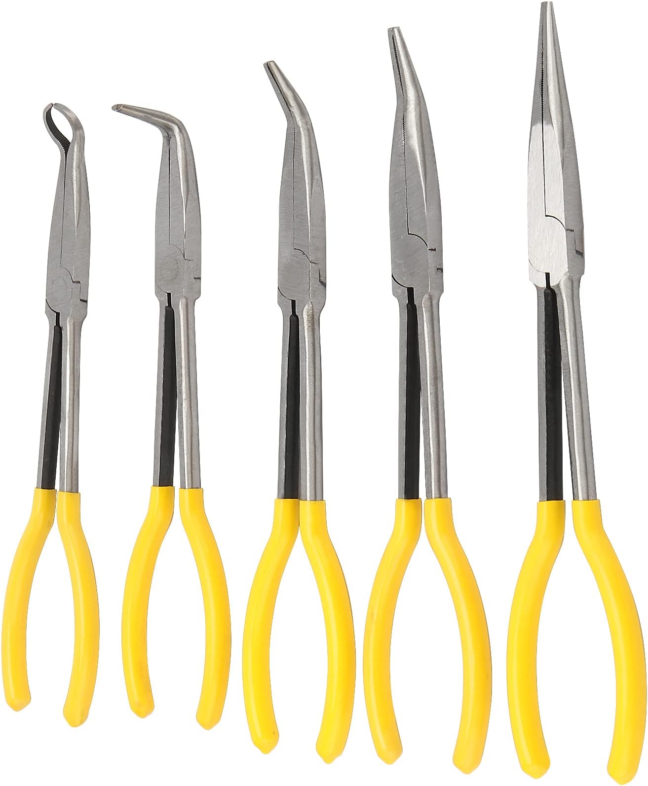 QISF 5 Piece Long Reach Pliers Set 11Inch Long Needle Nose Pliers Sets Include Straight, 25