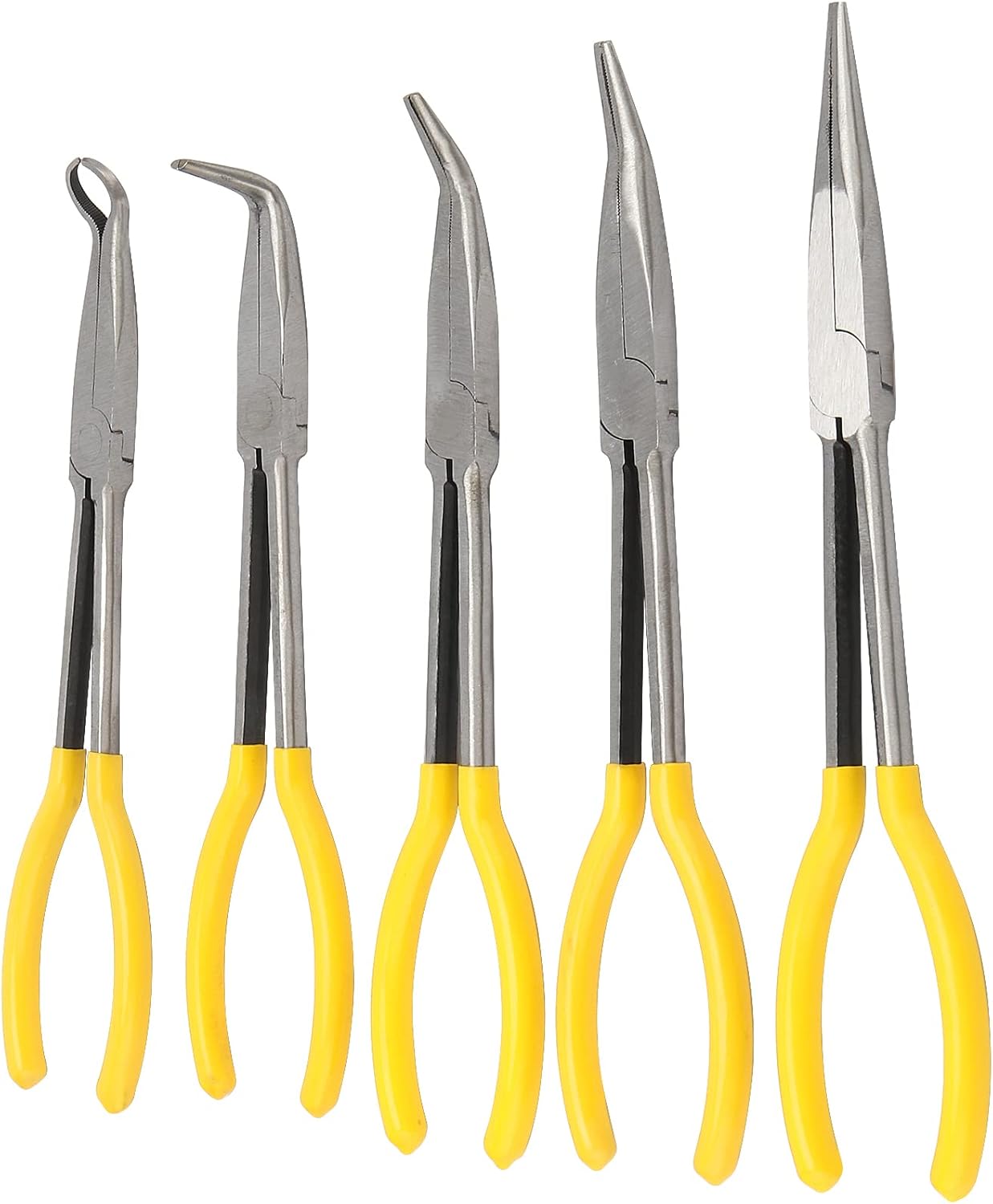 MOUYAT 5 PCS 11 Inch Long Nose Pliers Set, Long Reach Needle Nose Pliers Set Including Straight, 25 Degrees, 45 Degrees, 90 Degrees and Circle Pliers for Mechanics Technicians Contractors Work Repair