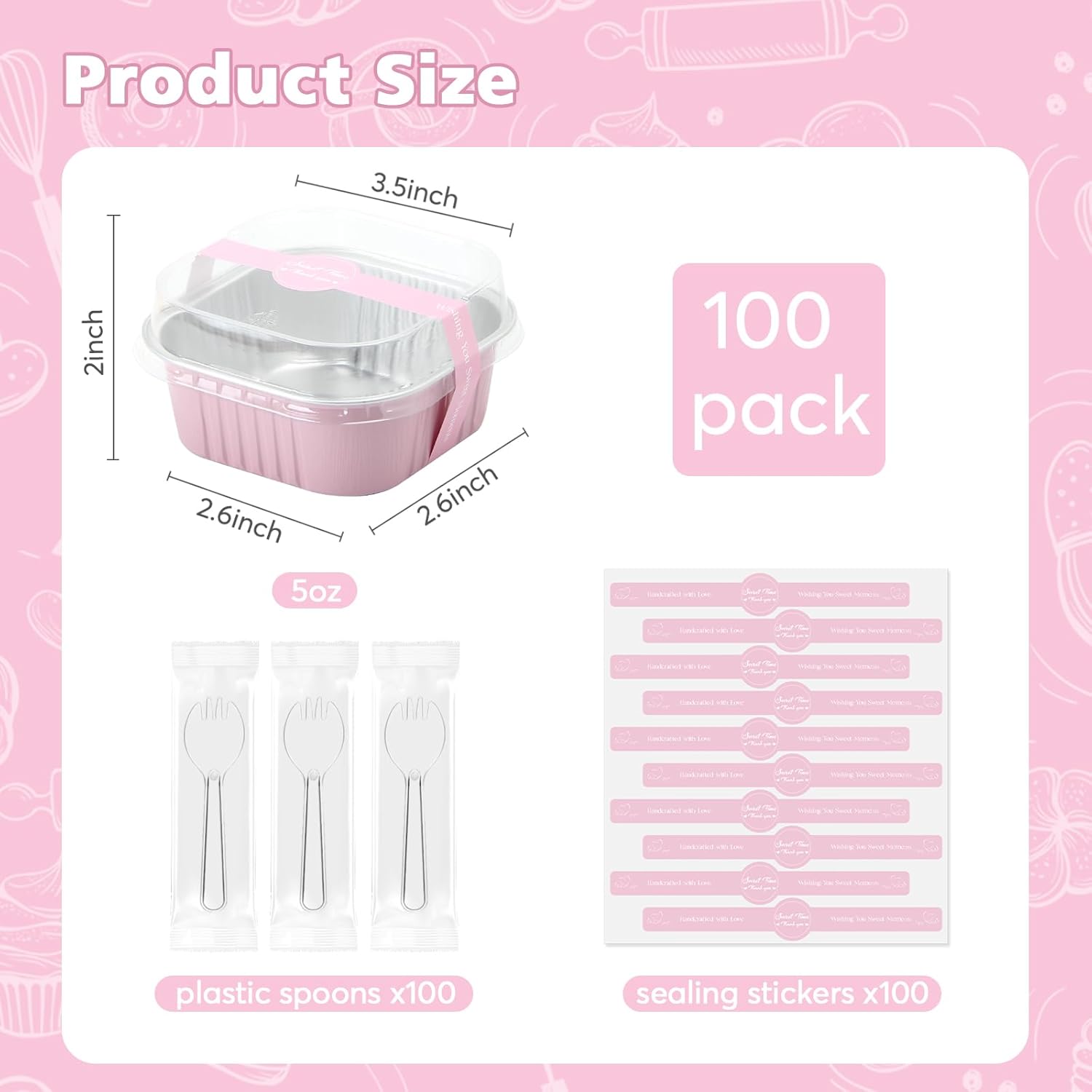 Ruckae 5oz 100 Pcs Square Mini Loaf Pans with Lids-Disposable Foil Dessert Containers,Mini Cake Pans with Lids,Aluminum Dessert Cups for Parties and Weddings (Pink, 5oz) - Image 3