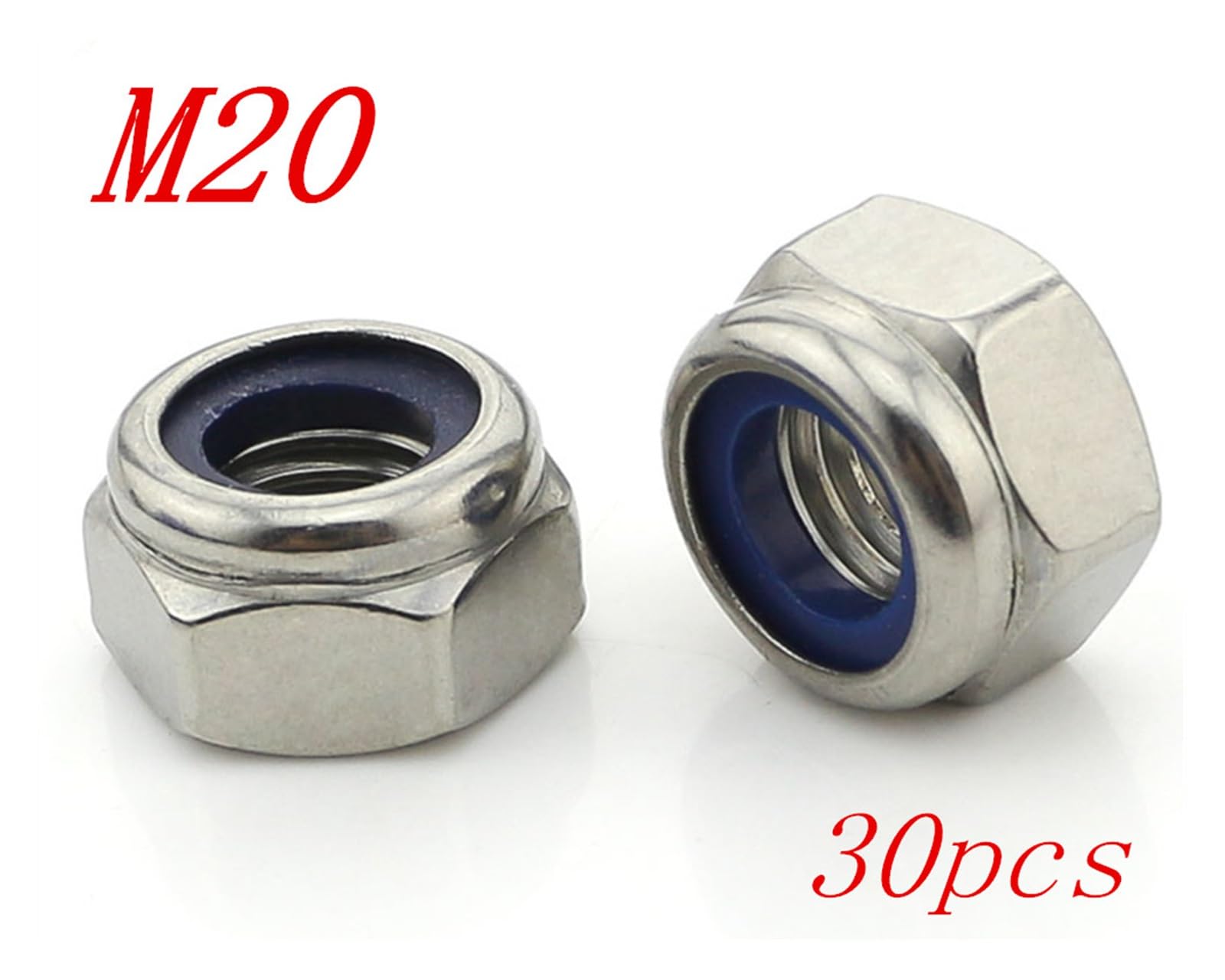 30 piezas métricas M20 304 cabeza hexagonal de acero inoxidable tuercas de tope de bloqueo de inserción de nailon