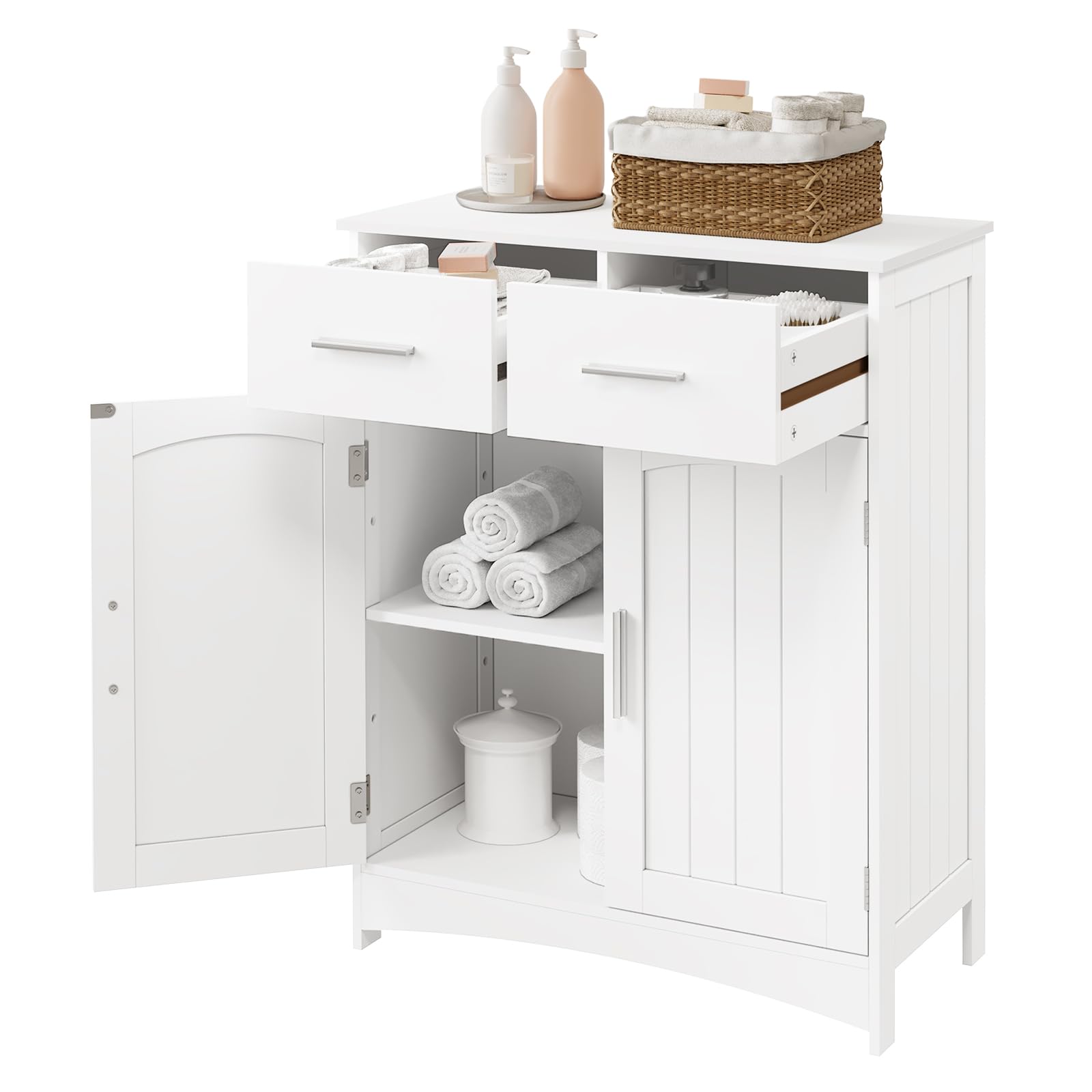 EUGAD Badezimmerschrank Badschrank Beistellschrank Kommode Mehrzweckschrank, mit 2 Schubladen Doppeltür, verstellbare Ablage, aus MDF, Weiß, 60x76x30 cm