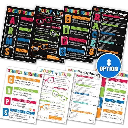 Image of 8 Option Colorful Writing Strategy Posters, 4 Pieces Writing English Poster English Classroom Decor for Middle High School Must Haves Writers Writing Guide English Teacher Posters Sets 10x14 Inches