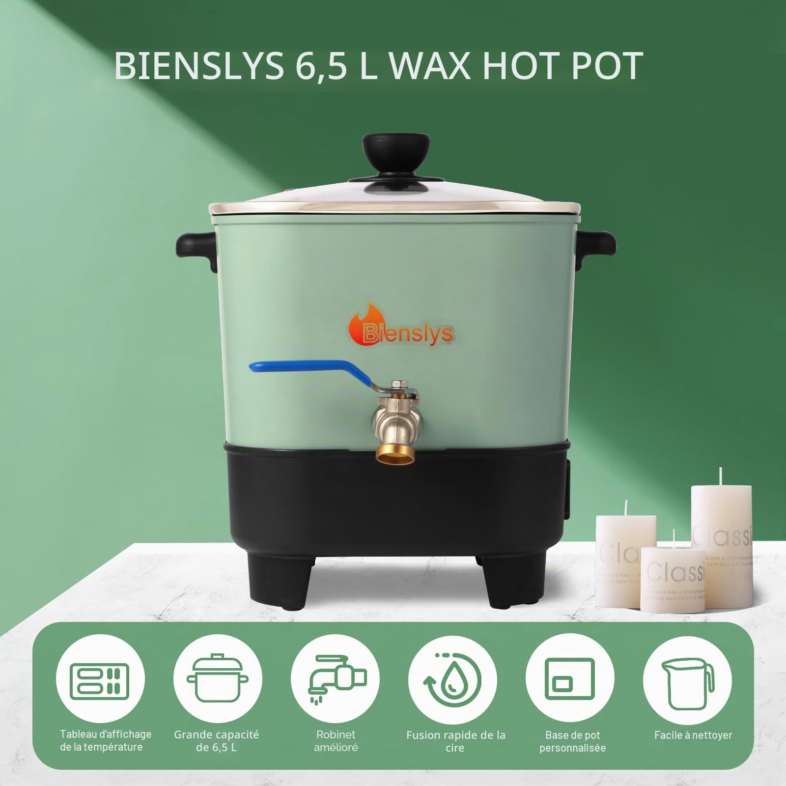 6,5L Fondeur de Cire électrique pour Bougies et savons – Panneau de température numérique avec Bec verseur, revêtement antiadhésif, Fond en V pour Un coulage et Un Nettoyage faciles