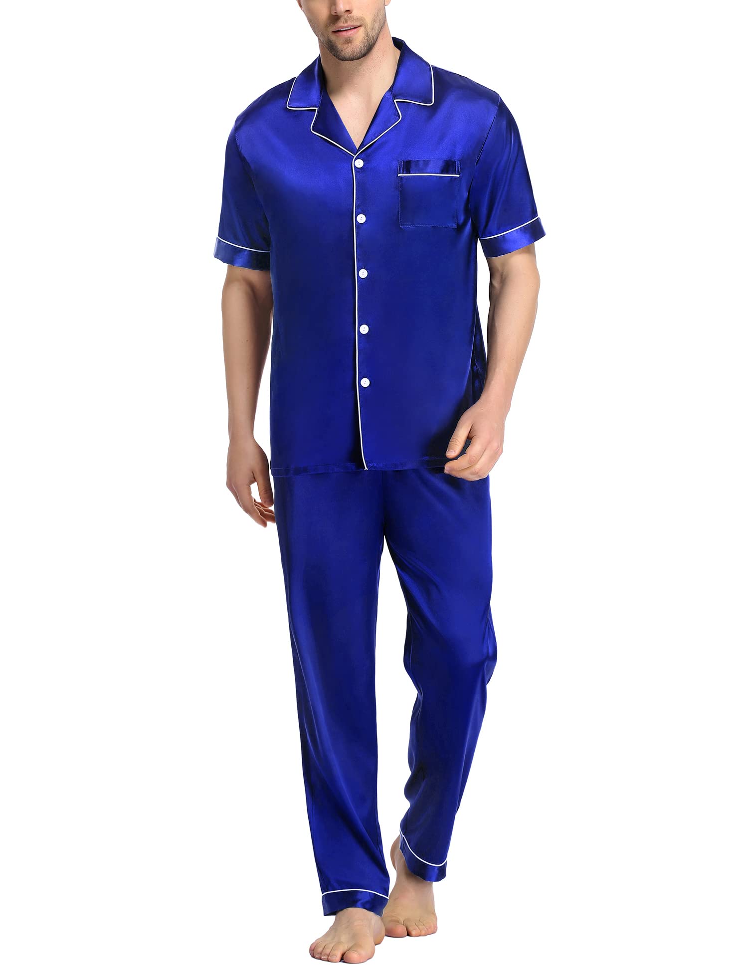 SWOMOG Mens Satin Pajama Set Short Sleeve Classic Sleepwear Button Down Silky Loungewear with Long Pants