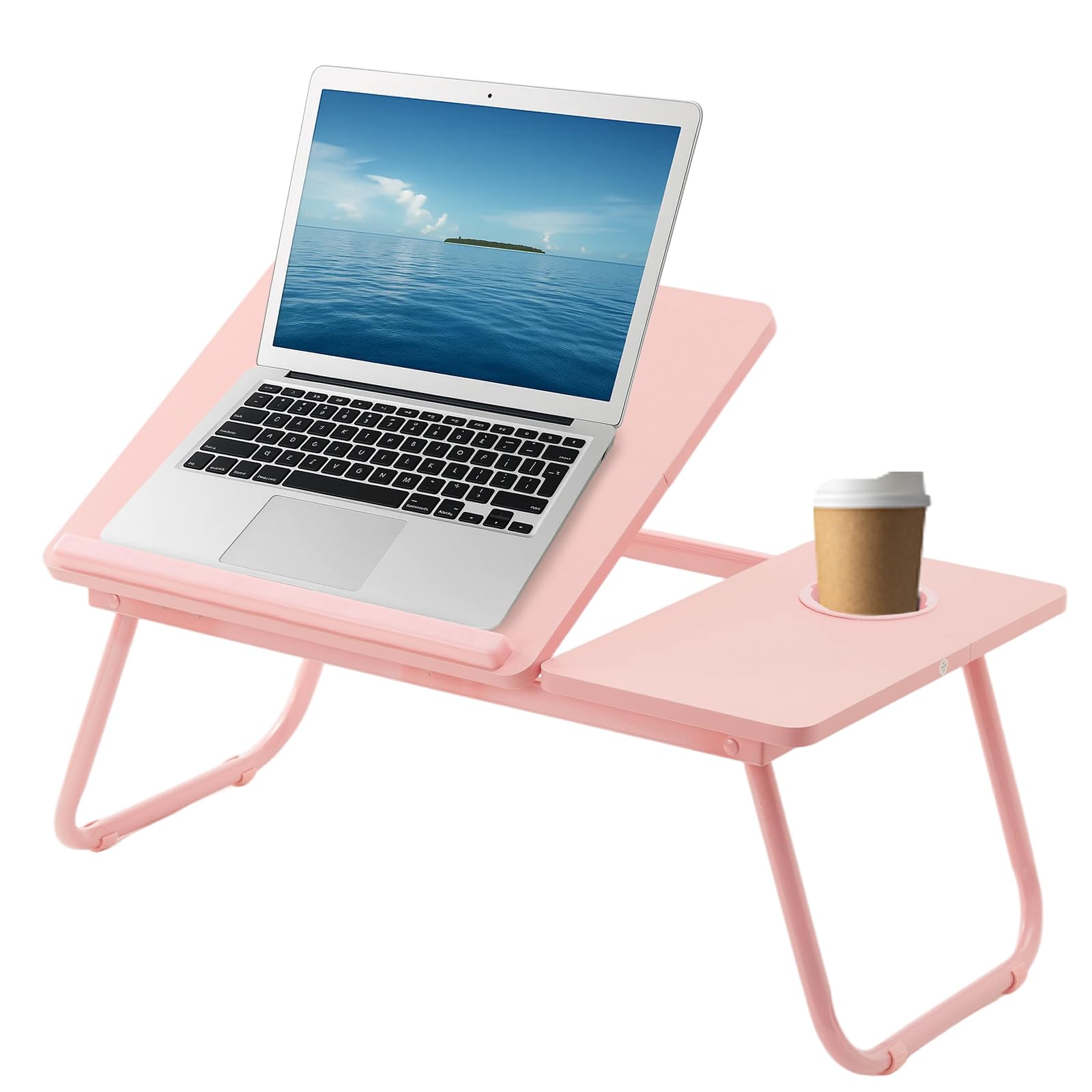 Holdfiturn Foldable Laptop Desk, Laptop Table with Cup Holder, Height Adjustable Computer Bed Tray Table, Reading Holder Notebook Stand for Eating Reading Working (Pink)